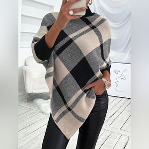 Mock neck plaid knit poncho